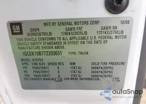 2007 Chevrolet Silverado 1500 Classic Lt3 from USA, damaged, VIN 1GCEK19B77Z203631